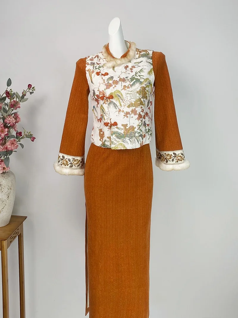 

Retro Winter Orange Vest Set Fce Lined Thiened New Chinese National Sle 2025 New Year Dr Long Sve