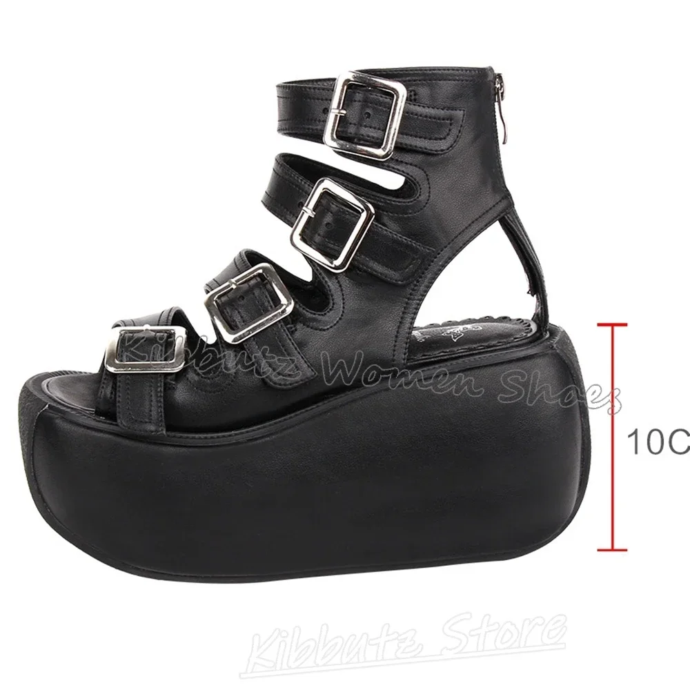 Sandals Platform Solid Color Belt Buckle Leather Women Rome Shoes Round Toe Thick Bottom Punk Rock Fashion Novelty Sexy Concise view 5