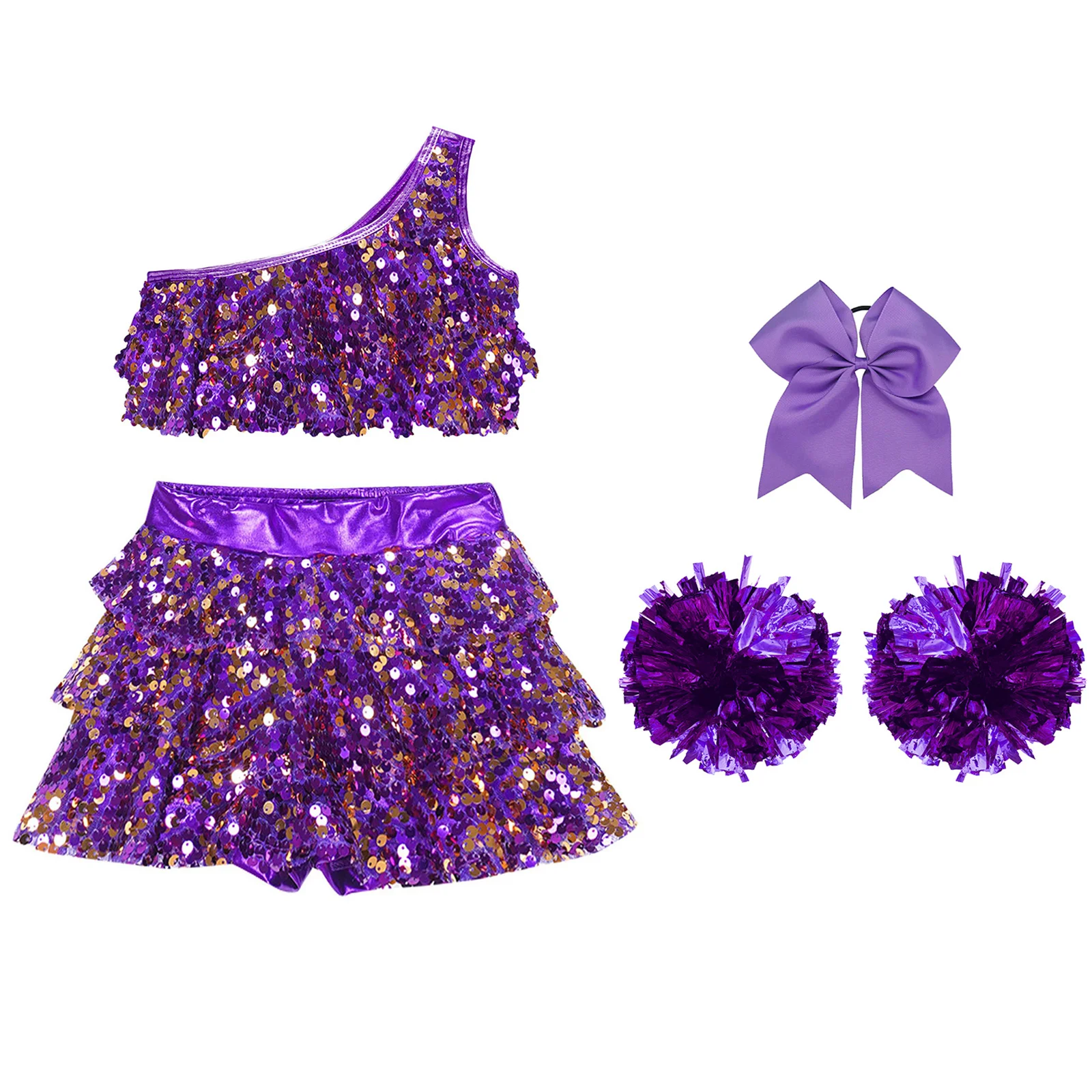 Cheerleading Dance Outfit Girls Dance Leotard with Flower Balls Children Cheerleader Costume Kids Cheering Team Sequins Uniform