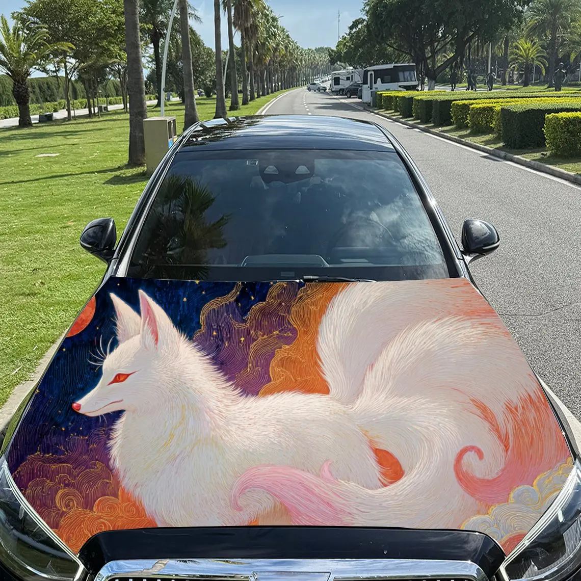 

Magical Enchanting White Fox PVC Car Engine Hood Vinyl Wraps, Self-Adhesive Waterproof Car Hood Decal Sticker, Car Decoration Pr