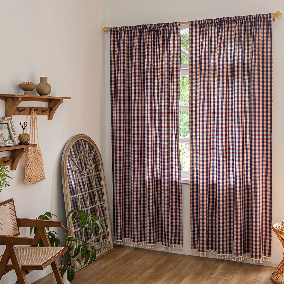 1pc Simple American Checkered Embroidery Bedroom Balcony Curtains, Semi-Transparent Linen Texture, Lightweight and Breathable