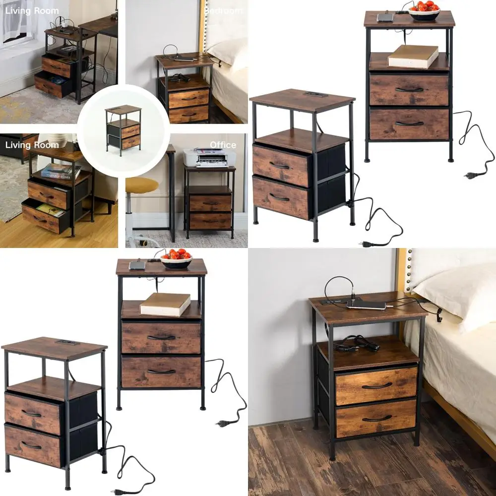 

Industrial Style 2-Piece Nightstand Set with Fabric Drawers and Open Shelves for Compact Spaces in Brown