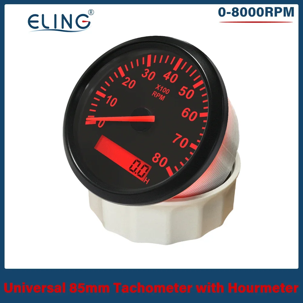 ELING 85mm Tachometer 3000RPM 4000RPM 6000RPM 8000RPM REV Counter Engine Speed Hour Meter for Car Boat 12V 24V Red Backlight