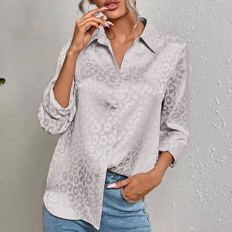 2024 Spring Office Lady Tops Long Sleeve Leopard Jacquard Blouse Turn Down Collar Button Shirt Autumn Fashion Tops Elegant New