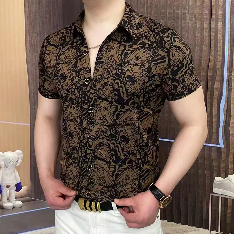 

Ele Casual Ice Silk Men's irt ort Sve Floral Print Faionable f Sve Summer Slim Fit irt Trendy Button down