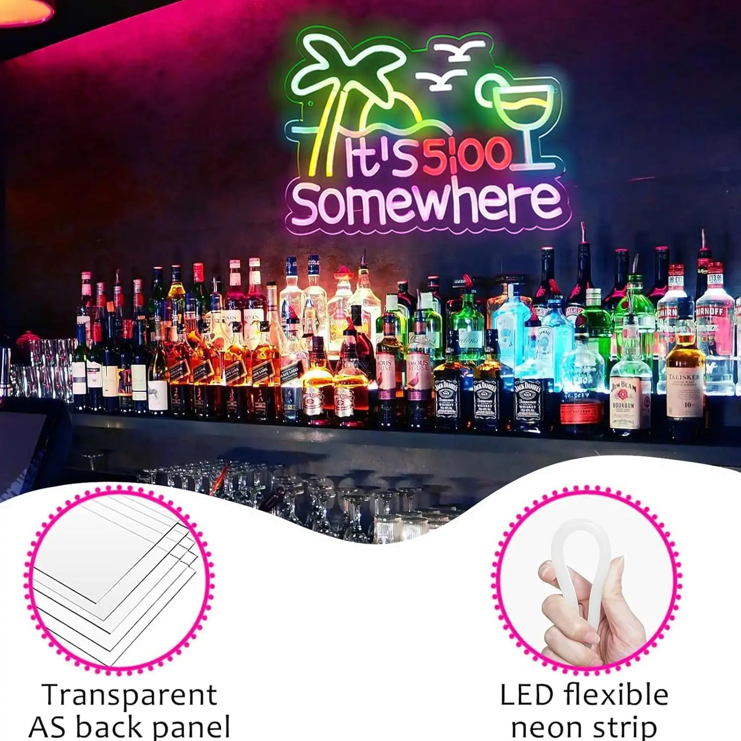 T's 5:00 في مكان ما الاستوائية LED النيون كوكتيل ديكور USB عكس الضوء ضوء النيون لشاطئ بار كروز عطلة فيلا ديكور الحفلات #4