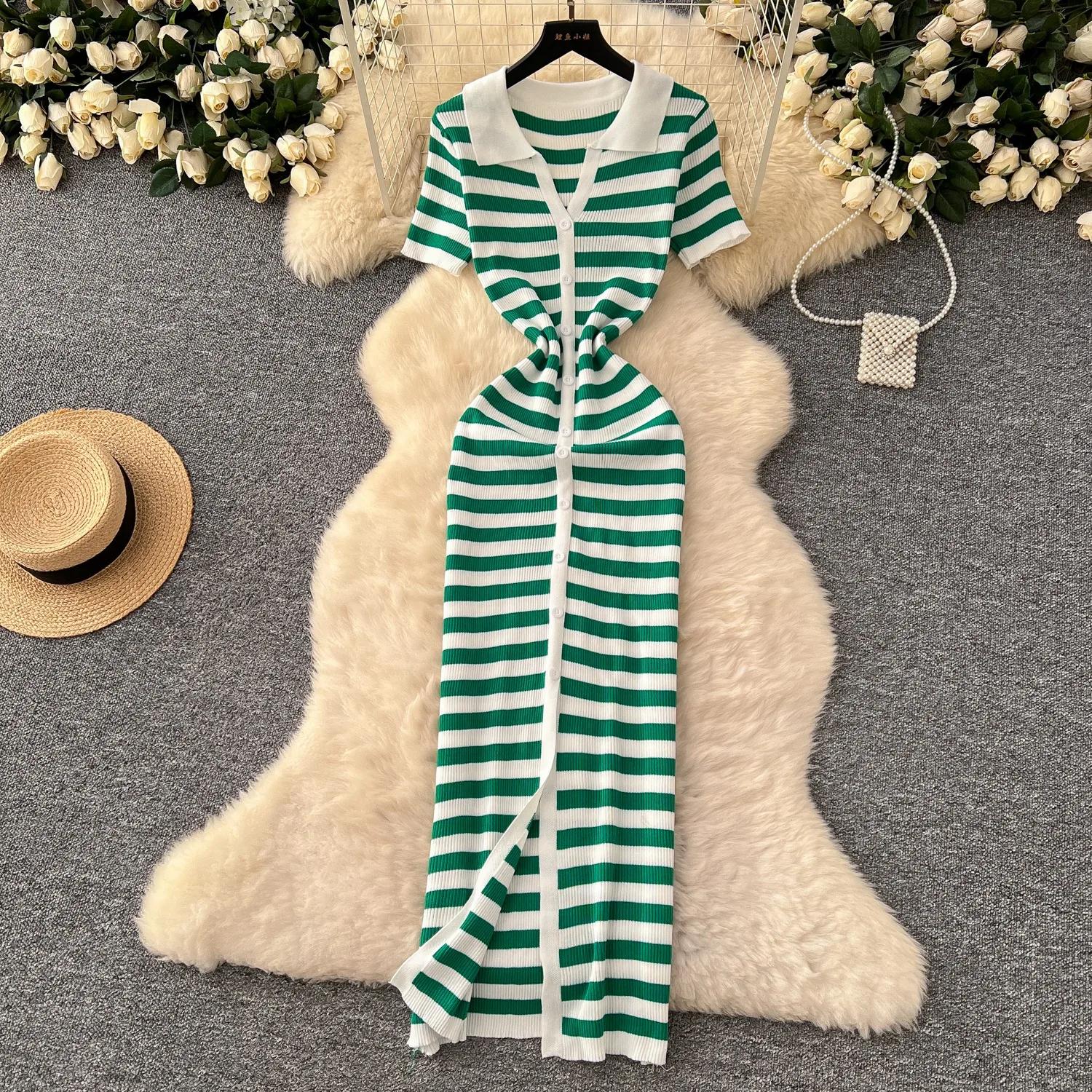 YuooMuoo Women Spring Summer Style Knitted Maxi Dress Lady Elegant Turn-down Collar Shirt Sweater Dress Wholesale Streetwear
