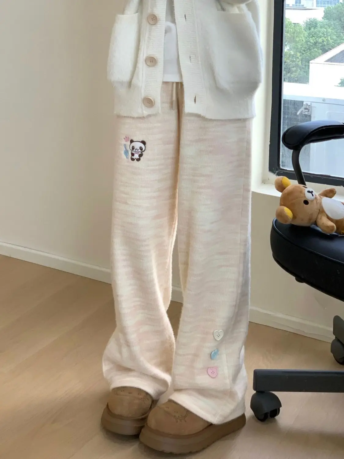 

Женские широкие брюки с вышивкой японского медведя на осень и зиму, бархатные свободные прямые брюки с высокой талией