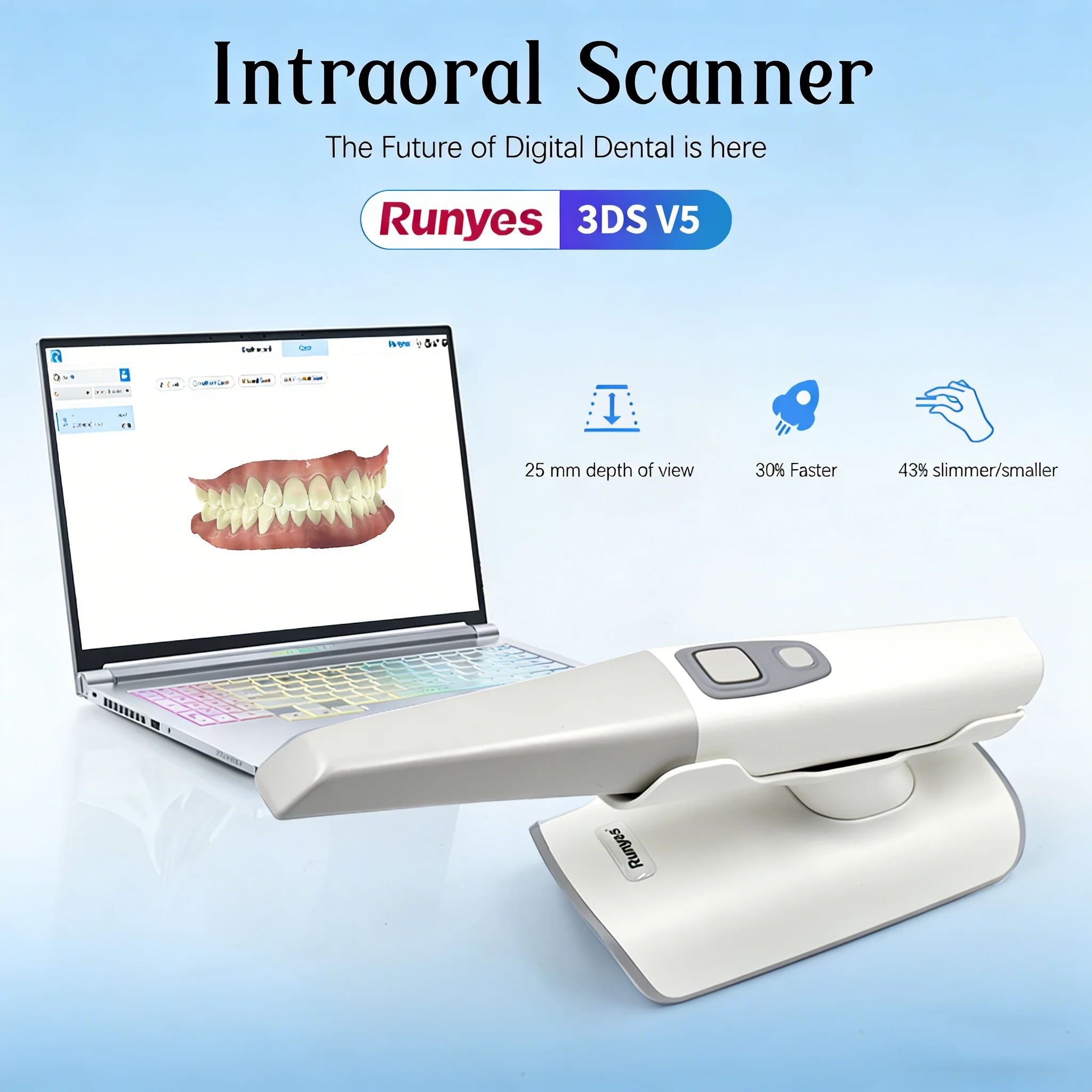Dental Intraoral Scanner Runyes 3DS V5 Pro, 25mm Depth AI Scan, High Accuracy 10μm Ortho Implant Scanner