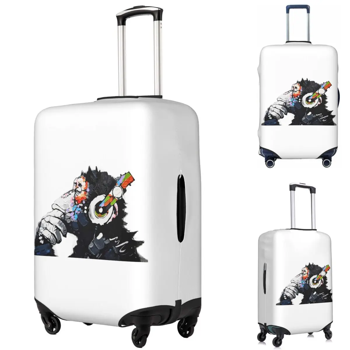 

Banksy DJ Monkey Thinker With Headphones White Suitcase Cover Protection Elastic Travel Luggage Protector Covers for 18-32 Inch