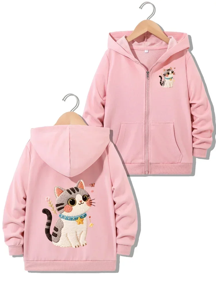 Girls Zip Up Hooded Jacket Cute Embroidery Style Tabby Cat Butterfly Star Front Back Print Long Sleeve Pocket Casual Outer Coat