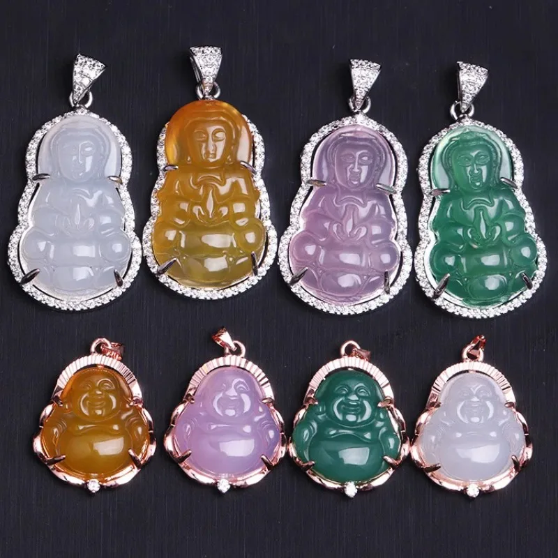 

925 Silver Inlaid Natural Agate Guanyin Buddha Pendant Necklace Jewellery Fashion Accessories Hand-Carved Woman Luck Amulet