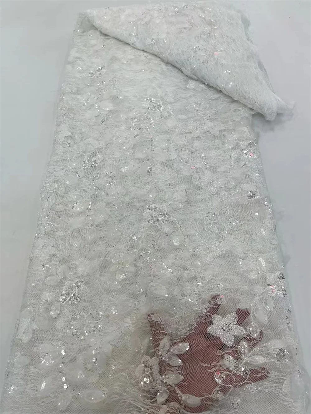 

Nigerian White Beaded And Crystal Lace Fabric High 5Yards Quality 2025 Luxury Embroidered Lace Fabrics Sequins Lace Trim A1144-1