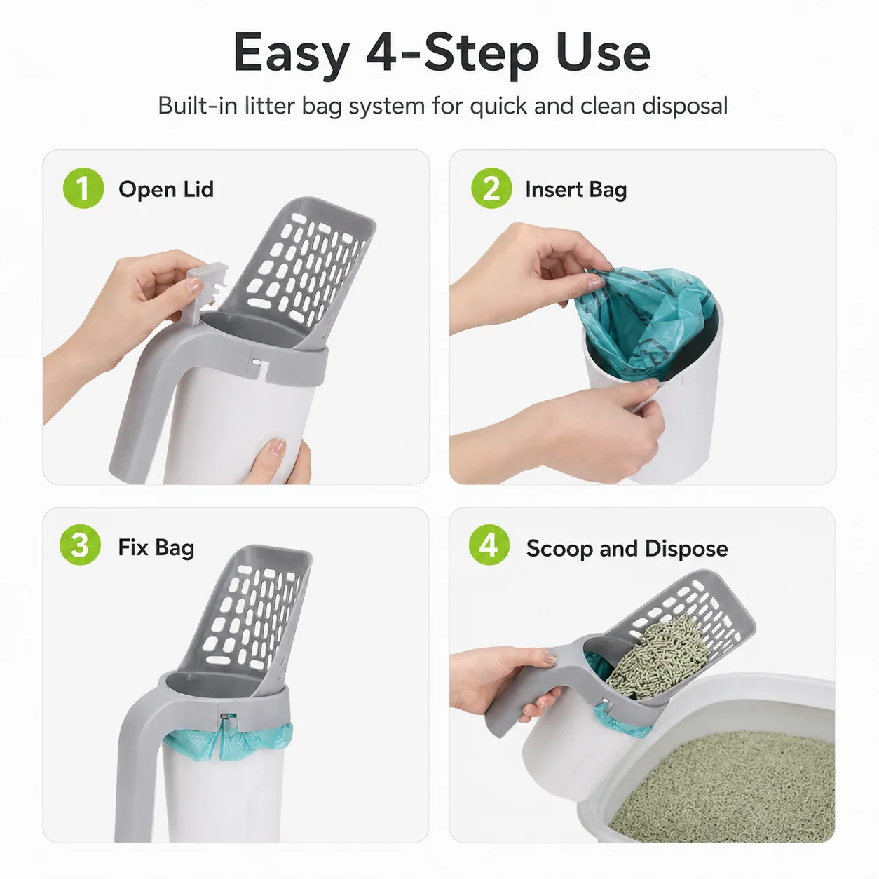 2 in 1 Cat Litter Scoop with Waste Bin Large Sifter Shovel Built in Bag Holder One Hand Pet Toilet Cleaning Tool