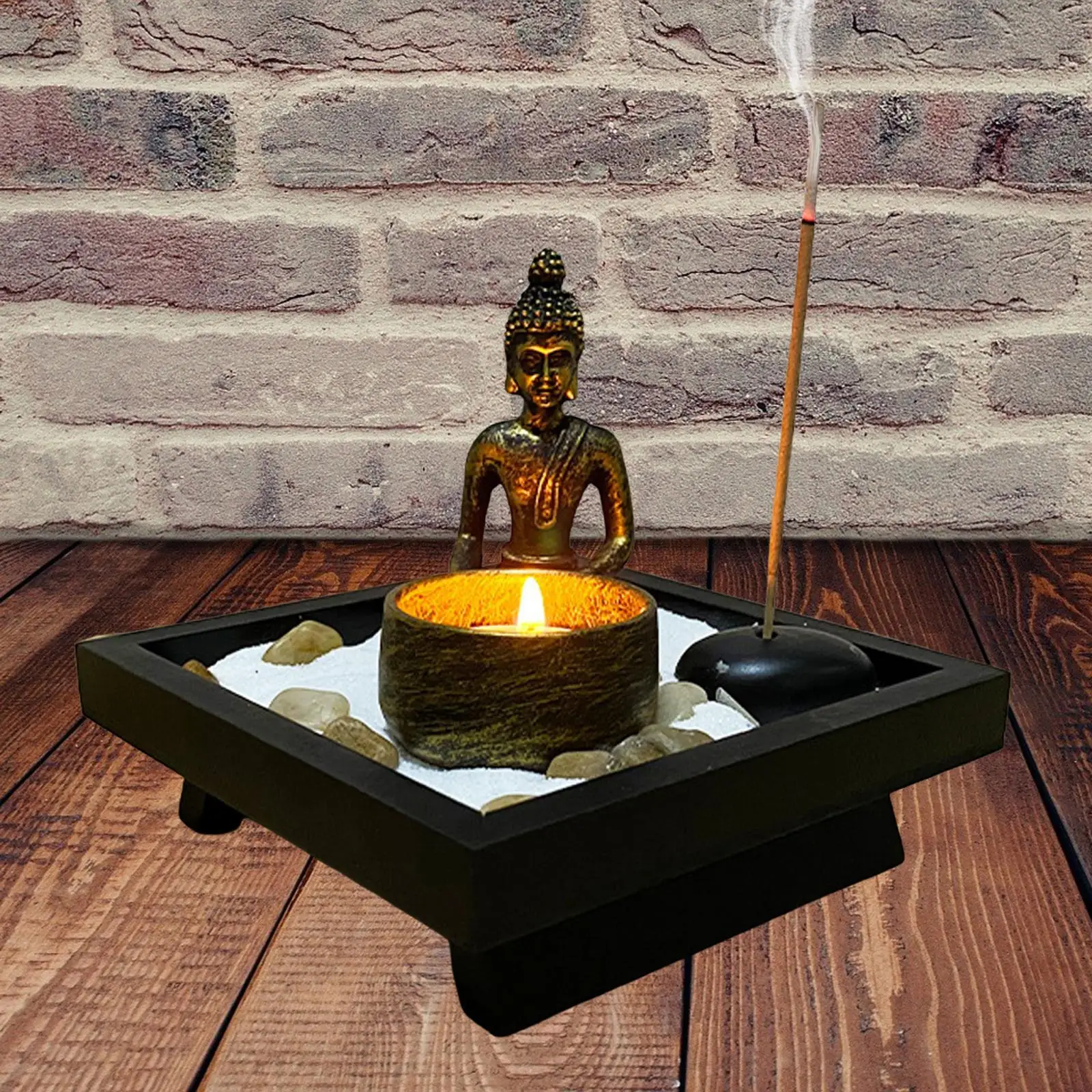 Resin Buddha Statue Incense Holder Tray Zen Garden with Tealight Candle Holder Figurine for Meditation Desktop Decor