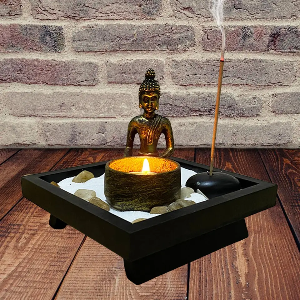 Resin Buddha Statue Incense Holder Tray Zen Garden with Tealight