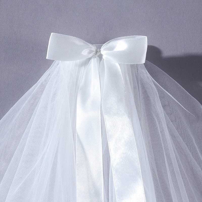 Velo da sposa bianco, velo lungo gomito a due strati, decorazione semplice con fiocco adatto per accessori da sposa e palla da donna