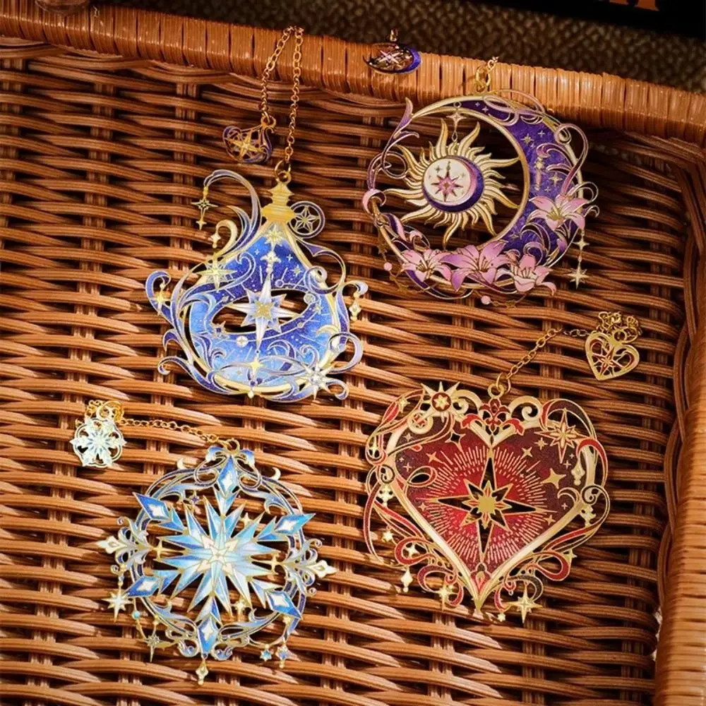 Metal Bookmark with Chain Colorful Bronzing Book Clip Wind Flower Snow Moon Book Pages Mark Tool Students Teachers