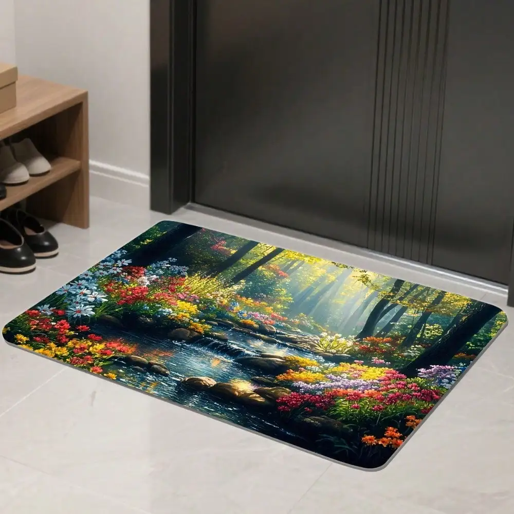 1pc Soft Non-Slip Flannel Suitable For Bathroom, Bedroom, Entryway, Kitchen - Modern Wildflower Forest Stream Landscape Floor Mat, Machine Washable Breathable