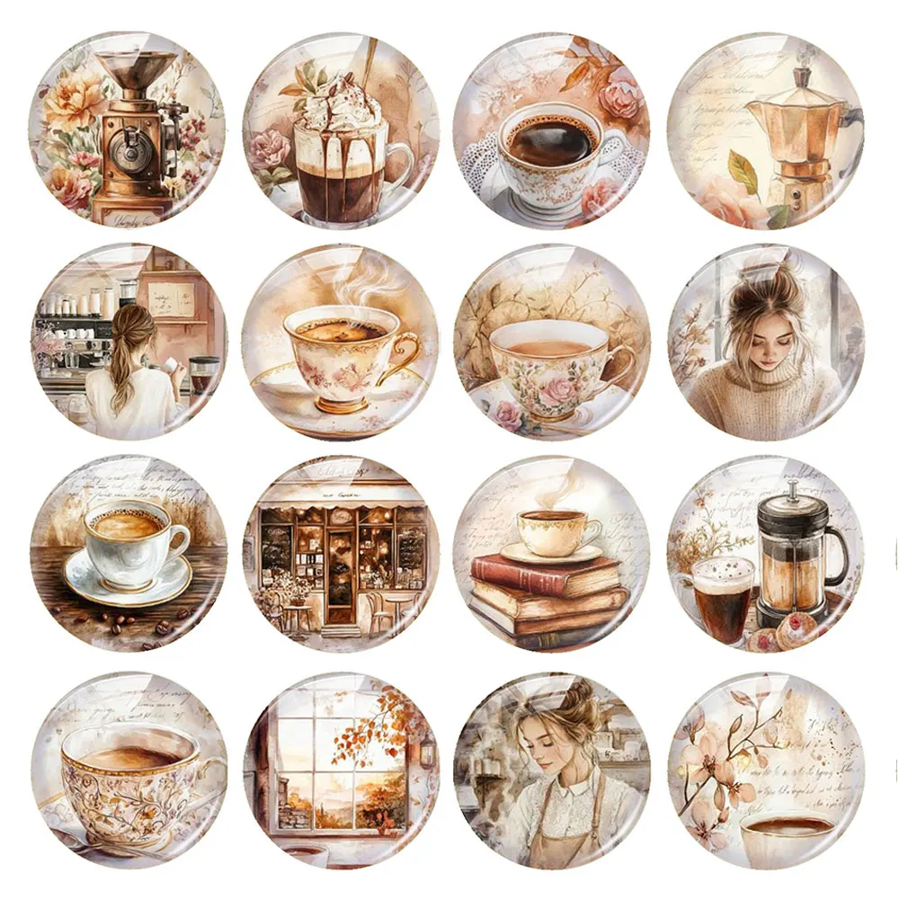 Random Mixed Round/Oval/Square Coffee Time Vintage Letter Cozy Photo Glass Cabochon Flatback Demo Cameo For Diy Jewelry Making