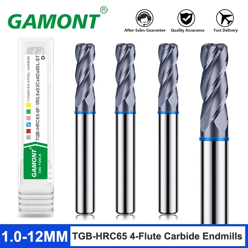 GAMONT TGB-HRC65 4F Color Circle End Mill Tungsten Steel Carbide Black Coating Round Nose Milling Cutter CNC Endmills Tools