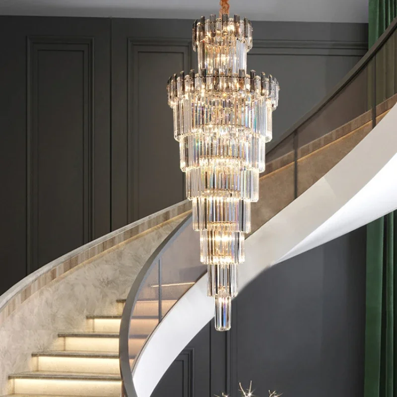 

Modern Luxury Indoor Gold Large Round Stairwell Stair Lighting Crystal Chandeliers Pendant Lights for Hotel Lobby Staircase