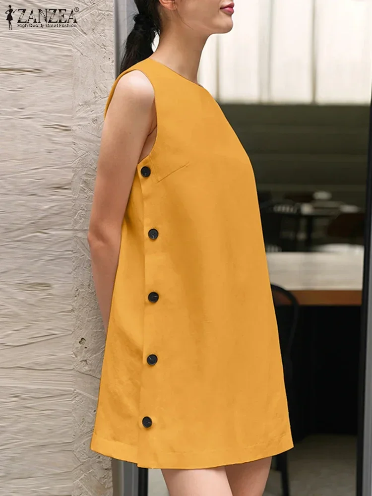 Zanzea feminino verão sem mangas tanque mini vestido 2025 botões casuais vestido de verão sólido em torno do pescoço curto robe férias a linha vestidos