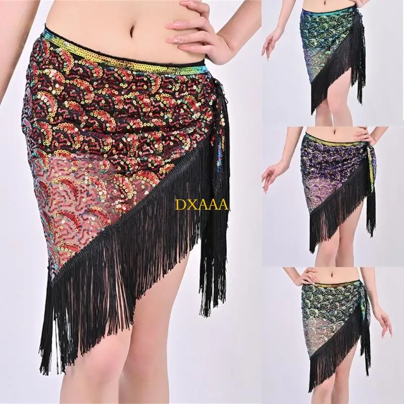 DXAA 조정 가능한 드리 워진 삼각형 스카프 댄스 의상 및 연극 쇼를위한 빛나는 허리 액세서리