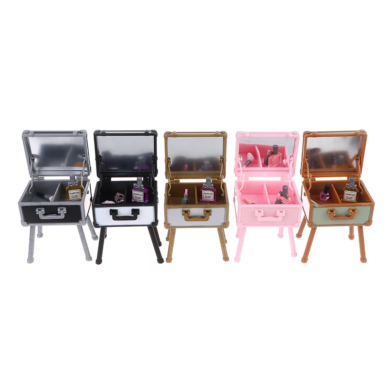 1Set 1:12 Dollhouse Mini Vanity Cosmetic Case Lipstick Perfume Air Cushion Mirror With Holder Furniture Decor Play House Toys