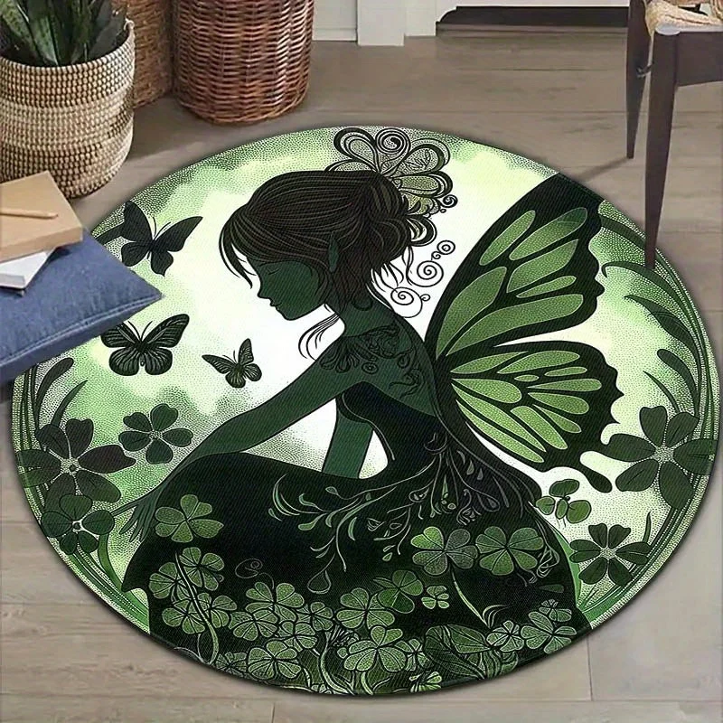 Fairy Print Round Polyester Chair Mat for Office, Non-Slip Washable Floor Protector, Decorative Circular Carpet