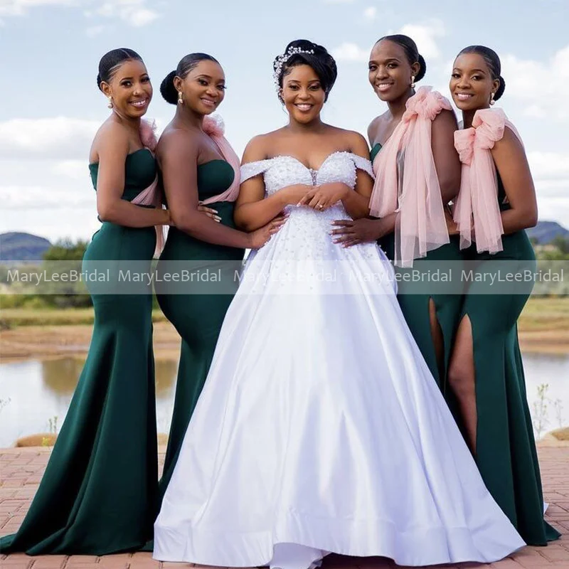 Vestidos de dama de honor de sirena verde oscuro con tul rosa, un hombro con abertura lateral, vestido elegante de novia para dama de honor, mujer para fiesta de boda