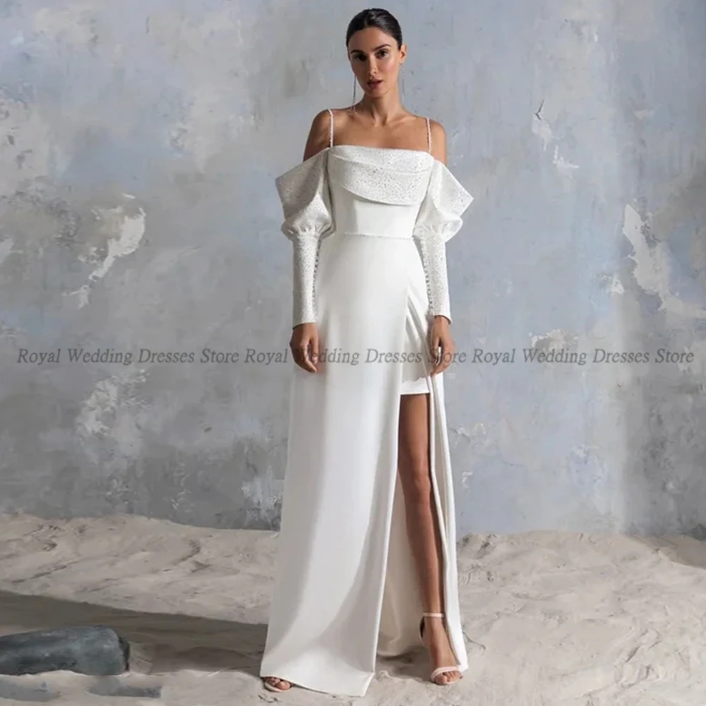 

Retro A Line Wedding Dresses Sleeveless Off-the-shoulder High Slit Tulle Open Back Boat Neck 2023 Floor Length Gowns Robe De Ma