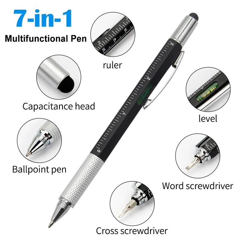 7In1 Multifun Ballpoint Pen with Modern Handheld Tool Measure Technical Ruler Screwdriver Touch Screen Stylus Spirit Level Tools