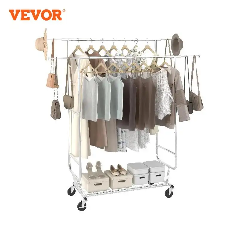 

VEVOR Clothing Garment Rack Heavy Duty Clothes Rack Adjustable Length Clothes Rack w/ Bottom Shelf & Wheels for Laundry Room