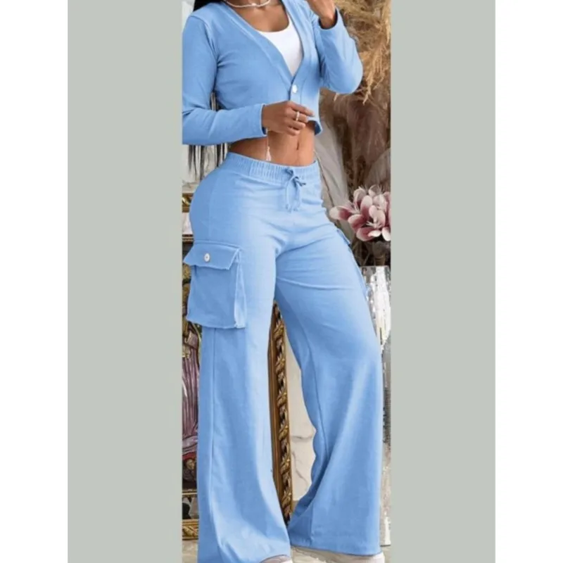 Women's Tight Solid Color Two Piece Sets Open Tops Wide-leg Long Pants Leace-up Pocket Ladies Sets 2025 Spring Summer Sportswear