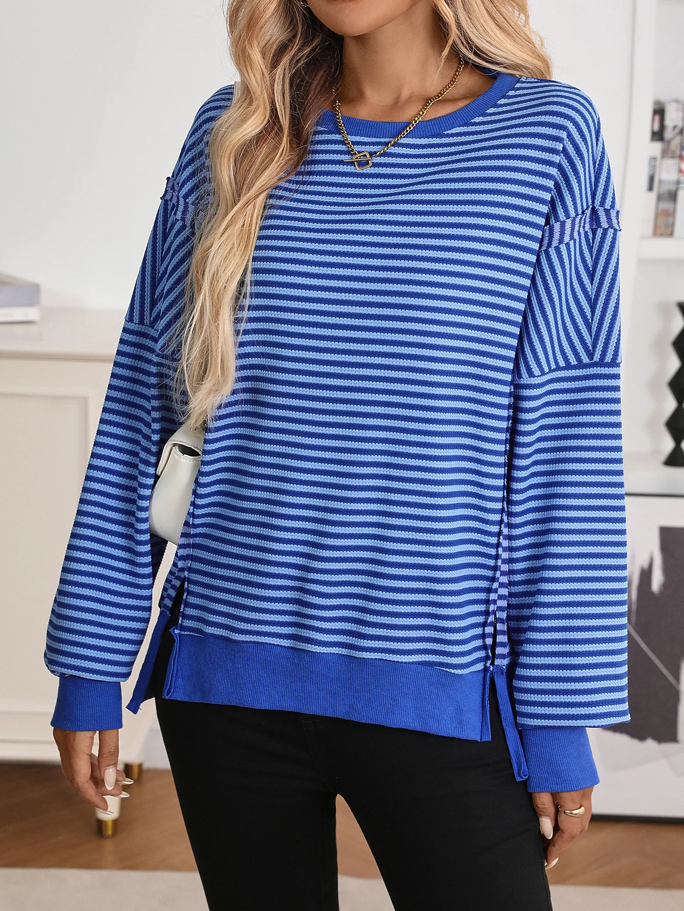 

Женский осенне-зимний свободный универсальный пуловер с боковым разрезом и круглым вырезом, Pull Femme Automne, футболки с длинными рукавами Sudaderas Klamotten Damen