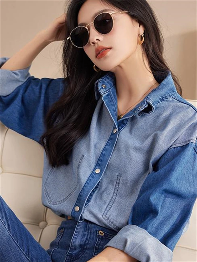 Women Blouse Female Shirt Summer Womens Blouses Spring Maxi Blusas Casual Cowboy Vintage Long Sleeve Denim Oversize Loose