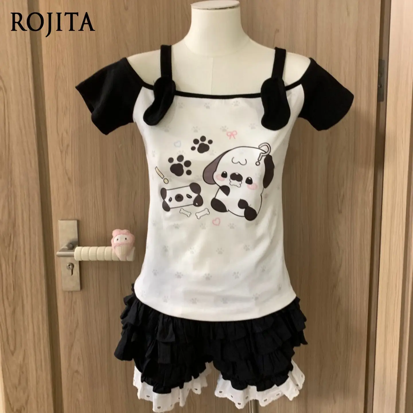 

Kawaii Dog Print Cold Shoulder Top Original Cute Summer Cotton Short Sleeve Versatile Puppy Print Slim Skinny Top