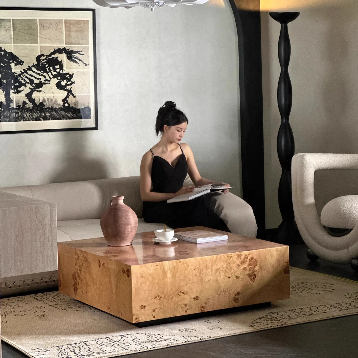 Italian Designer Retro Light Luxury Wabi-Sabi Style Solid Wood Tree Bark Coffee Table Small Side Table Set for Living Room