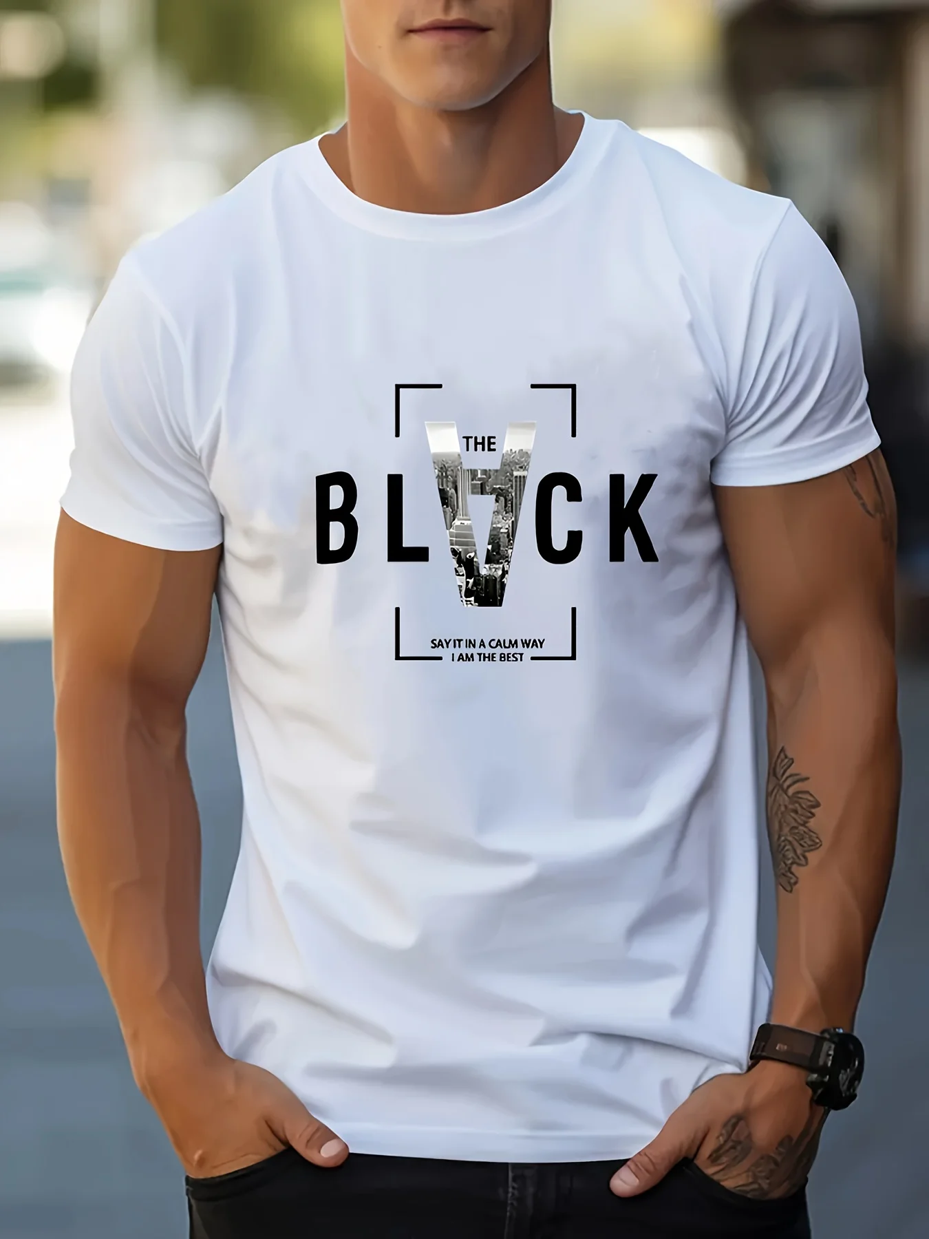 Creative Letter BLACK Print Men's Crew Neck Short Sleeve Tees, Summer Trendy T-Shirt, Casual Versatile Comfy Breathable Top For