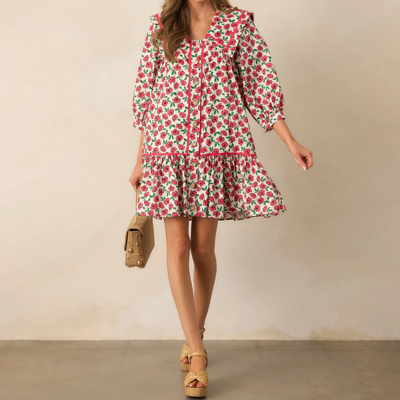 Damska Jesienna Sukienka Boho w Kwiaty Krótka Bufiaste Rękawy Zwiewna Sukienka Babydoll Dekolt V Sukienki Koszulowe z Marszczeniem Sukienka Mini w Stylu Bohemy