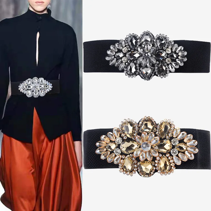 Women's Crystal Buckle Belt，With Skirts Elastic Wide Waist Cover Woman Fashion Versatile Decoration Elastic Belt，For Ideal Gifts