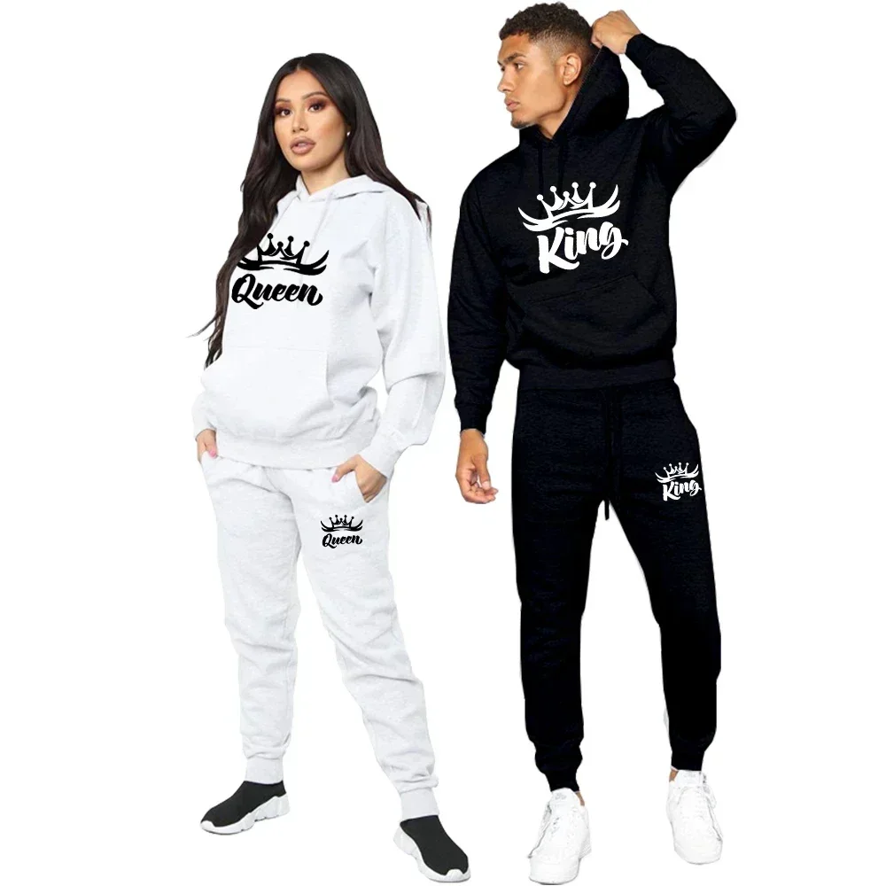 Tweedelig trainingspak met capuchon voor koppels, hoodies en sportbroeken, kleding met koning of koningin, lente- en herfstkleding
