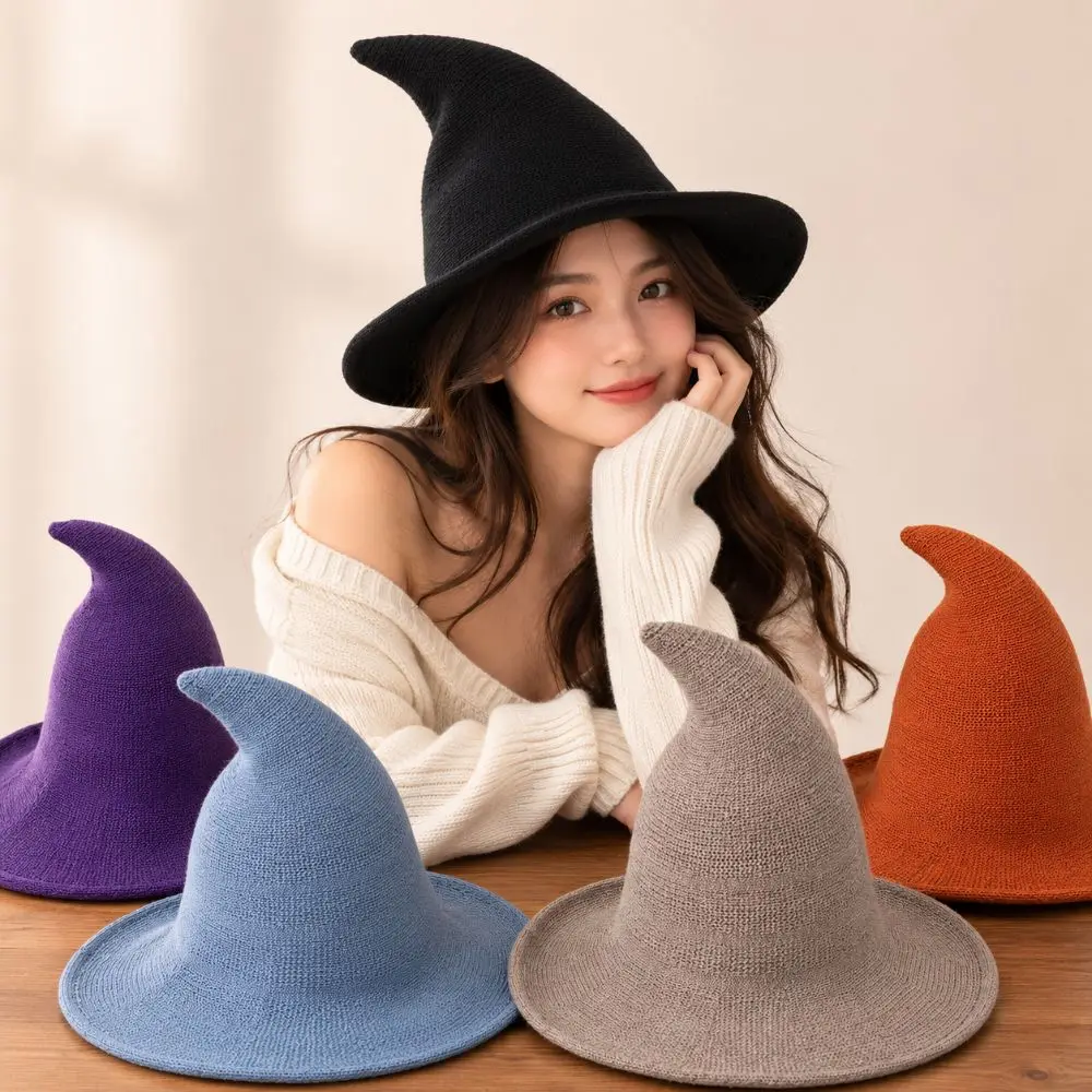 Vintage Wool Knit Halloween Witch Hat Solid Color Pointed Design Party Hat High Quality Foldable Costume Hat Halloween Party