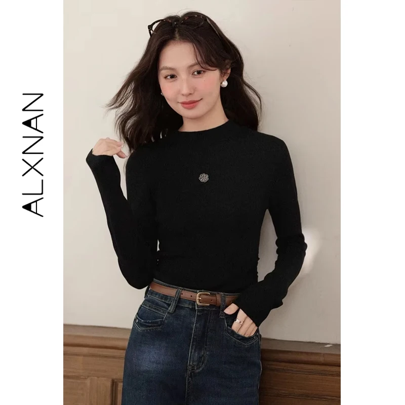 

ALXNAN Long Sleeve Tops Black Embroidered Slim-fit Autumn Knitted Pullover Casual Versatile Inner Lining Woman's Clothing L58207