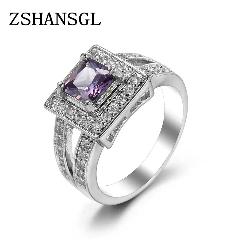 Anello da dito in argento Sterling per signora pavimentato viola CZ luxury hot Princess women Wedding anello di fidanzamento gioielli di colore viola