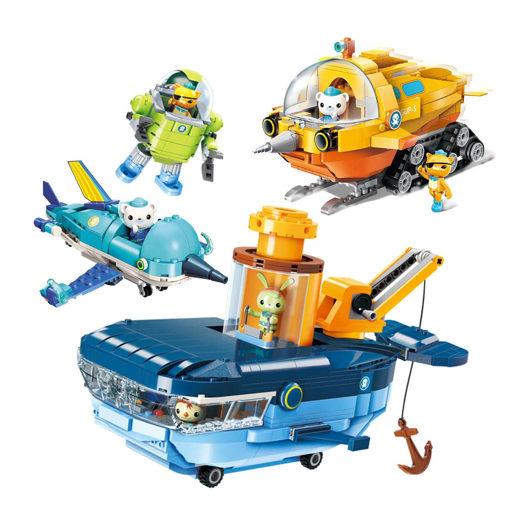 

Набор строительных блоков Octonauts: полный комплект транспортных средств GUP и фигурок членов команды, игрушки для исследования океана, подарок на день рождения или Рождество для малышей