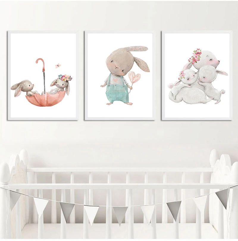Bear Rabbit Art Canvas Print Baby Bunny Poster Nursery Painting Flower Animals Wall Art Nordic Poster Picture Kids Room Decor