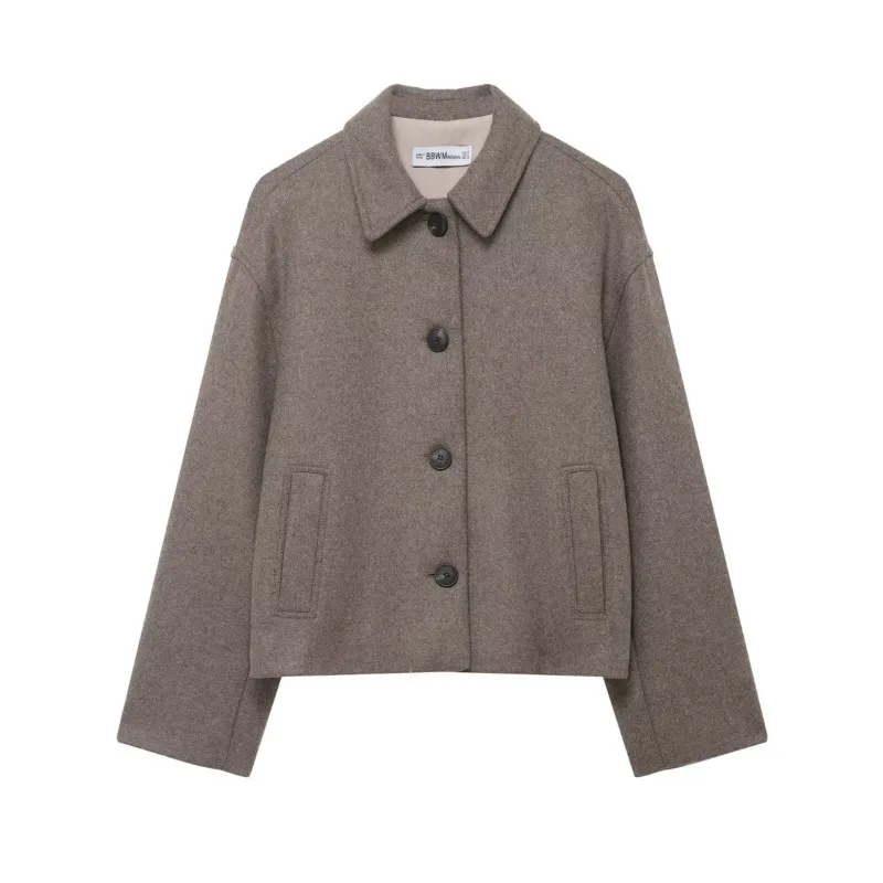 

Women Short Wool Coat Casual Spring Autumn Lapel Collar Long Sleeve Button Lady Chic Jacket Elegant Female Tops
