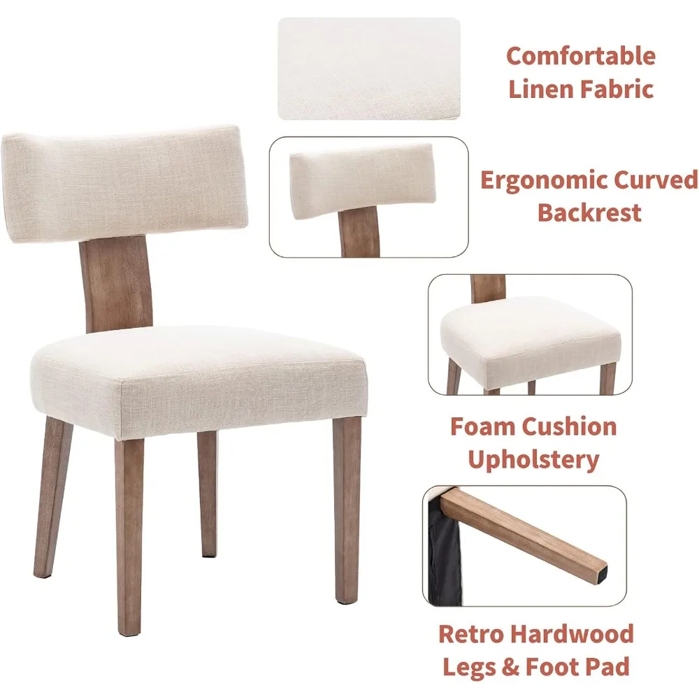 Zestaw 4 krzeseł do jadalni w stylu mid-century modern, krzesła do jadalni z wygiętymi oparciami, tapicerowane lnem w stylu farmhouse, z ramą z drewna.